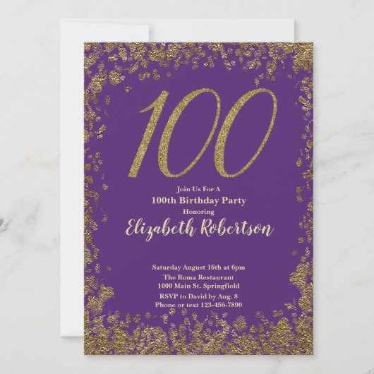 Elegant 100th Purple Birthday Invitation Gold 招待状 (正面)