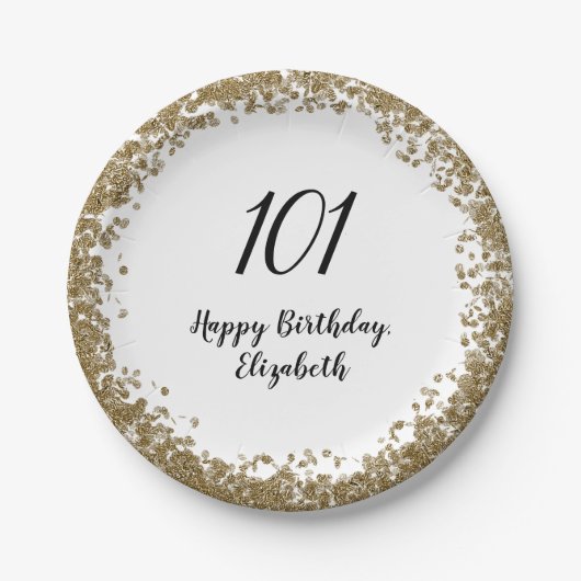 Elegant 101st Birthday Plates With Gold Sequins ペーパープレート (正面)
