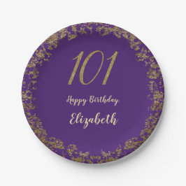 Elegant 101st Birthday Purple and Gold ペーパープレート