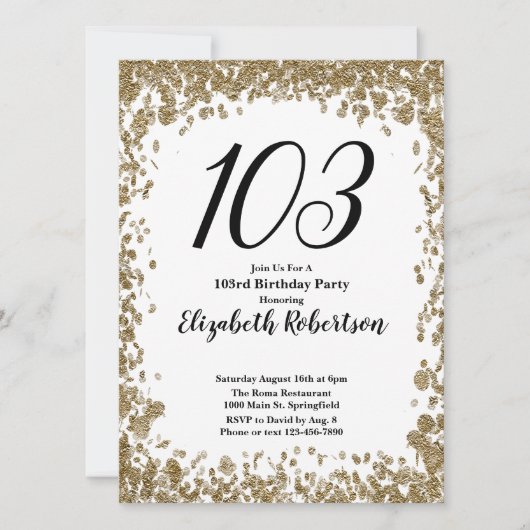 Elegant 103rd Birthday Invitation For Her in Gold 招待状 (正面)