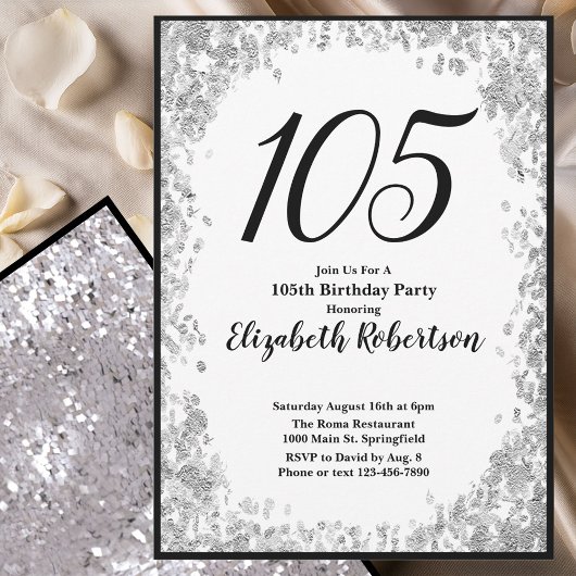 Elegant 105th Birthday Invitation Silver and Black 招待状