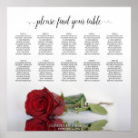 Elegant 10 Table Red Rose Wedding Seating Chart ポスター<br><div class="desc">This beautiful wedding seating chart has table assignments for 100 guests at 10 tables (10 people per table.) The design is stylish, classy, romantic and chic, featuring a single red rose reflecting in water with waves and ripples. There is a lacy script calligraphy title reading "please find your table" as...</div>