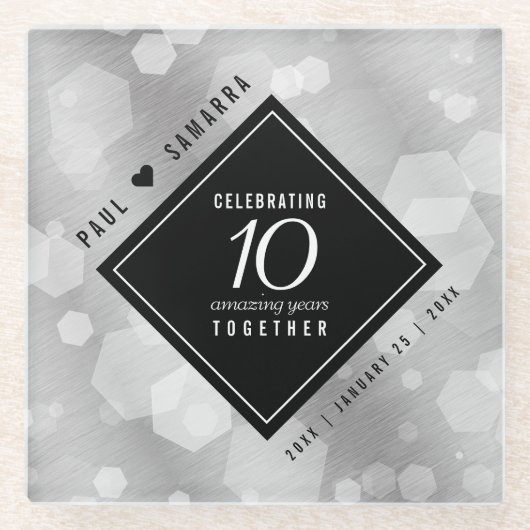 Elegant 10th Tin Wedding Anniversary Celebration ガラスコースター (正面)