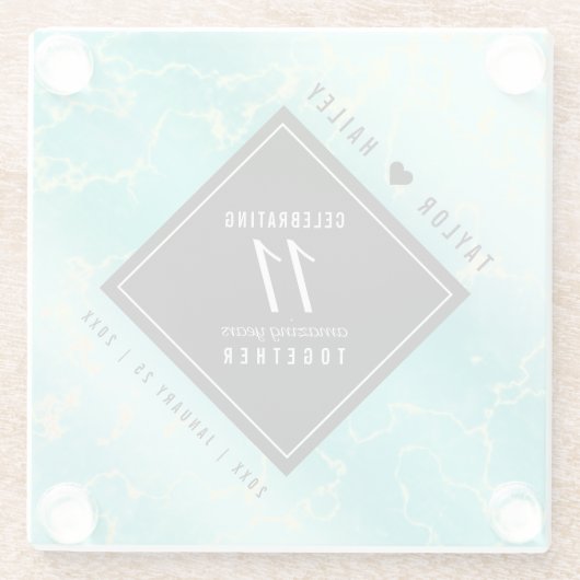Elegant 11th Turquoise Wedding Anniversary ガラスコースター (裏面)