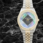 Elegant 14th Opal Wedding Anniversary Celebration 腕時計<br><div class="desc">Celebrate the 14th opal wedding anniversary and a love that stands the test of time with this stylish watch! Elegant black and white lettering with hexagonal confetti on an iridescent opal background add a memorable touch for this special occasion and milestone. Personalize with the couple's names and dates of marriage....</div>