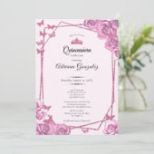 Elegant 15th birthday pink roses Quinceanera 招待状 (スタンド正面)