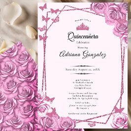 Elegant 15th birthday pink roses Quinceanera 招待状