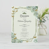 Elegant 15th birthday sage green gold Quinceanera 招待状 (スタンド正面)
