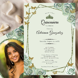 Elegant 15th birthday sage green gold Quinceanera 招待状