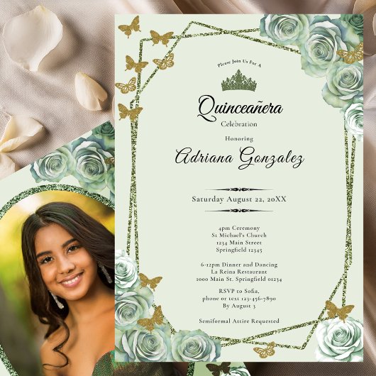 Elegant 15th birthday sage green gold Quinceanera 招待状