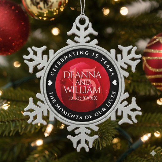 Elegant 15th Rose Wedding Anniversary Celebration スノーフレークピューターオーナメント