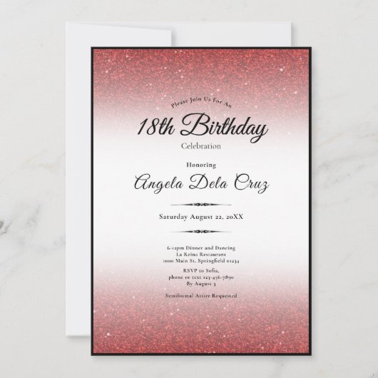 Elegant 18th Birthday Red Glitter Debut 招待状 (正面)