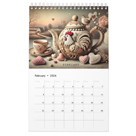 Elegant 2026 Pretty Chicken Teapots Calendar - Fun カレンダー (2月 2026)