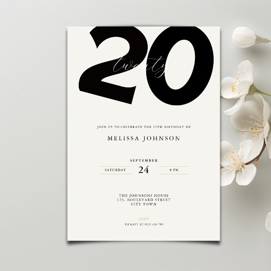 Elegant 20th Birthday Invitation - Minimal Style 招待状