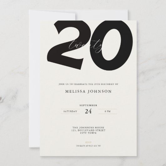 Elegant 20th Birthday Invitation - Minimal Style 招待状 (正面)