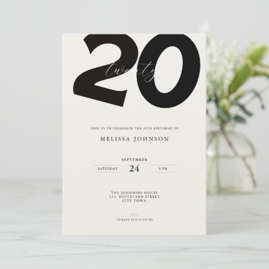 Elegant 20th Birthday Invitation - Minimal Style 招待状 (スタンド正面)