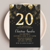 Elegant 20th Birthday Invitation with Gold Ballons 招待状
