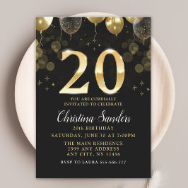 Elegant 20th Birthday Invitation with Gold Ballons 招待状