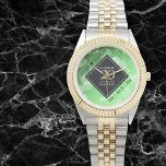 Elegant 20th Emerald Wedding Anniversary 腕時計<br><div class="desc">Celebrate the 20th emerald wedding anniversary and a love that stands the test of time with this stylish watch! Elegant black and white lettering with hexagonal confetti on an emerald green background add a memorable touch for this special occasion and extraordinary milestone. Personalize with the couple's names and dates of...</div>