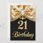 Elegant 21st Birthday Black Gold Butterfly Bow 招待状 (正面)
