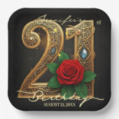 Elegant 21st Birthday Black Gold Filigree Red Rose ペーパープレート (正面)