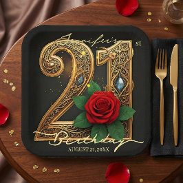 Elegant 21st Birthday Black Gold Filigree Red Rose ペーパープレート