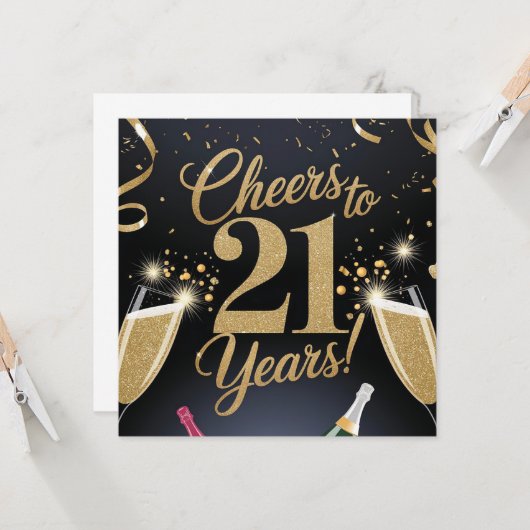 "Elegant 21st Birthday Design – Gold Glitter カード (正面/裏面インサイチュ)