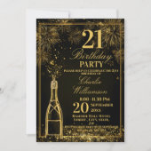 Elegant 21st Birthday Gold Bottle Fizz 招待状 (正面)