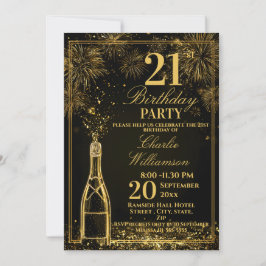Elegant 21st Birthday Gold Bottle Fizz 招待状