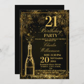 Elegant 21st Birthday Gold Bottle Fizz 招待状 (正面/裏面)