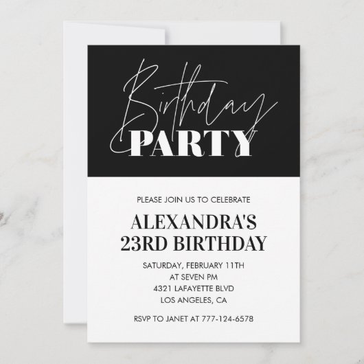 Elegant 23rd birthday invitations Black White 招待状 (正面)