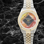 Elegant 23rd Imperial Topaz Wedding Anniversary 腕時計<br><div class="desc">Celebrate the 23rd imperial topaz wedding anniversary and a love that stands the test of time with this stylish watch! Elegant black and white lettering with hexagonal confetti on a deep red-yellow-orange moire background add a memorable touch for this special occasion and extraordinary milestone. Personalize with the couple's names and...</div>