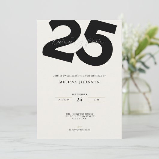 Elegant 25th Birthday Invitation - Minimal Style 招待状 (スタンド正面)
