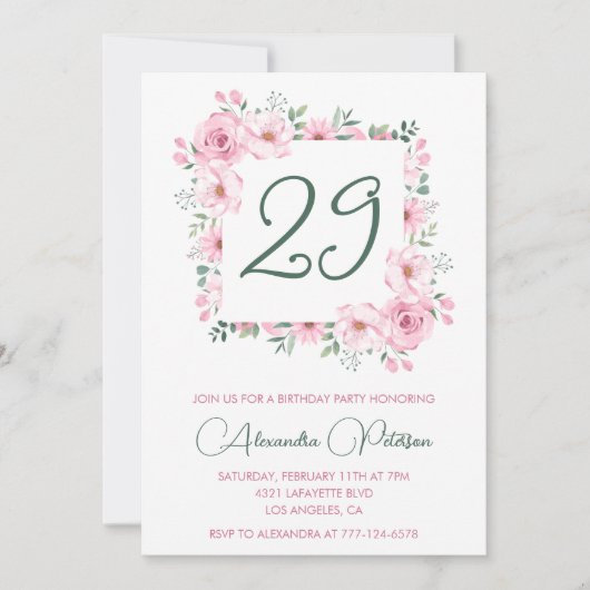 Elegant 29th birthday invitations Floral Pink  招待状 (正面)