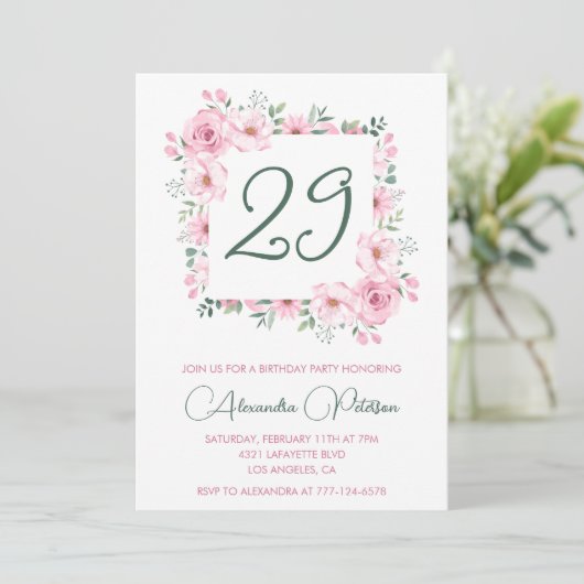 Elegant 29th birthday invitations Floral Pink  招待状 (スタンド正面)