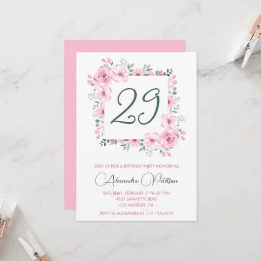 Elegant 29th birthday invitations Floral Pink  招待状 (正面/裏面インサイチュ)