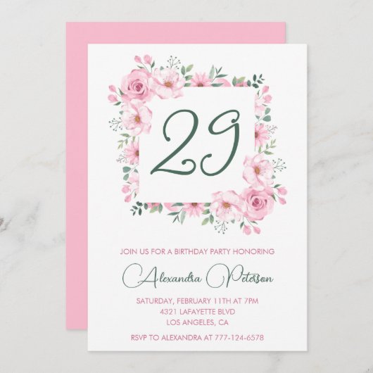 Elegant 29th birthday invitations Floral Pink  招待状 (正面/裏面)