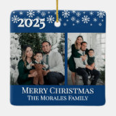 Elegant 2 Photo Blue Keepsake Family Photo セラミックオーナメント (裏面)