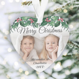 Elegant 2 Photo Holly Greenery Merry Christmas オーナメント