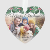 Elegant 2 Photo Holly Greenery Merry Christmas オーナメント (裏面)