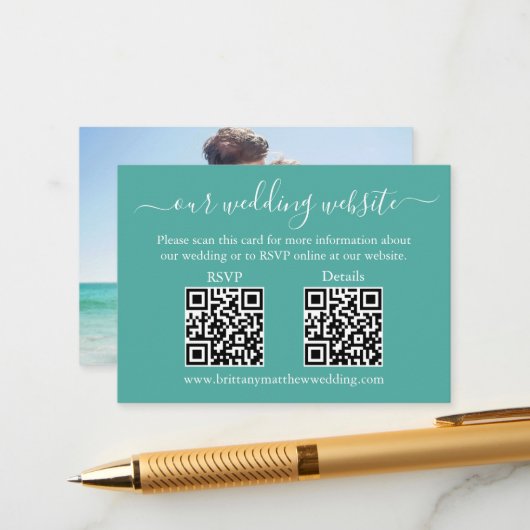 Elegant 2 QR Code Wedding RSVP Details Photo in Te エンクロージャーカード (正面/裏面インサイチュ)