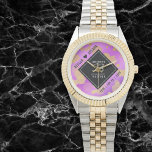 Elegant 33rd Amethyst Wedding Anniversary 腕時計<br><div class="desc">Celebrate the 33rd amethyst wedding anniversary and a love that stands the test of time with this stylish watch! Elegant black and white lettering with gold-dusted hexagonal confetti on an amethyst purple background add a memorable touch for this special occasion and extraordinary milestone. Personalize with the couple's names and dates...</div>