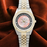 Elegant 35th Coral Wedding Anniversary 腕時計<br><div class="desc">Celebrate their 35th wedding anniversary with this commemorative wristwatch! Elegant black and white lettering with hexagonal confetti on a coral pink background add a memorable touch for this special occasion and extraordinary milestone. Customize with couple's names, a date for their coral anniversary, and up to two lines of messaging. Design...</div>