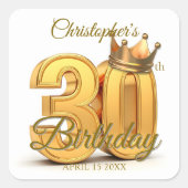 Elegant 3D Gold Crown 30th Birthday Party スクエアシール (正面)