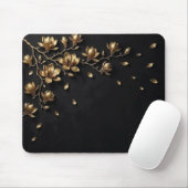 Elegant 3D Gold Flowers on Black Mouse Pad - Luxur マウスパッド (マウス)