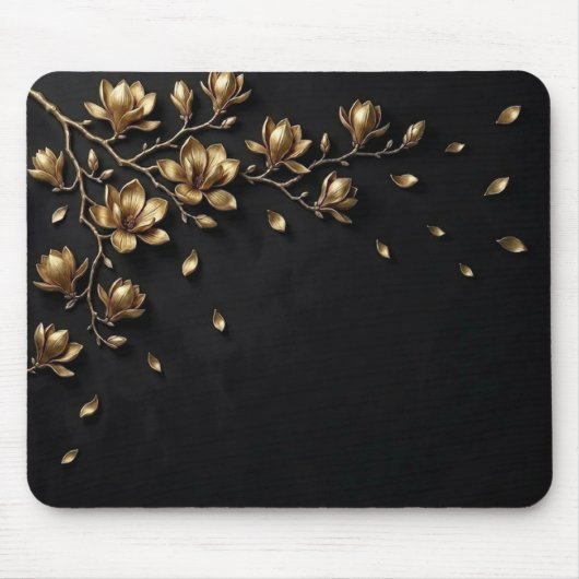 Elegant 3D Gold Flowers on Black Mouse Pad - Luxur マウスパッド (正面)