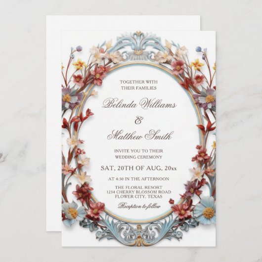  Elegant 3D Victorian Floral Frame 招待状 (正面/裏面)