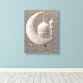 Elegant 3D White Crescent & Mosque Ramadan Design キャンバスプリント (インサイチュ (ウッドフロア))