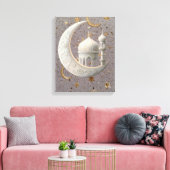 Elegant 3D White Crescent & Mosque Ramadan Design キャンバスプリント (インサイチュ (リビング))