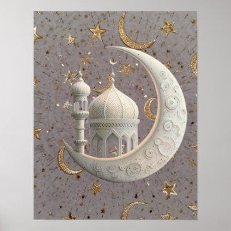 Elegant 3D White Crescent & Mosque Ramadan Design ポスター